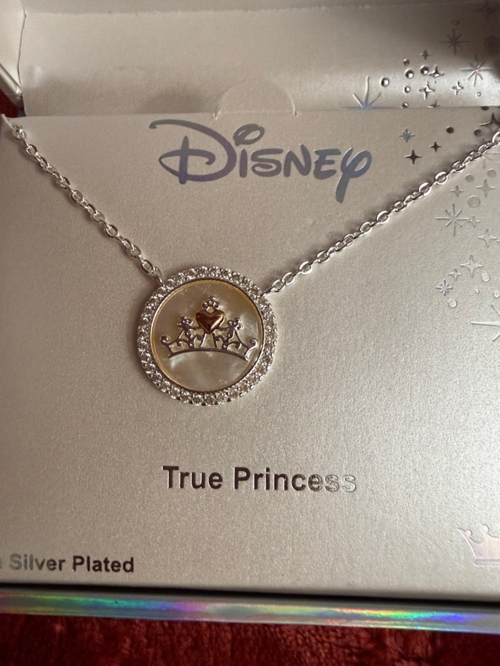 Disney True Princess Silver-Tone Crown Disc Necklace with Crystal Halo